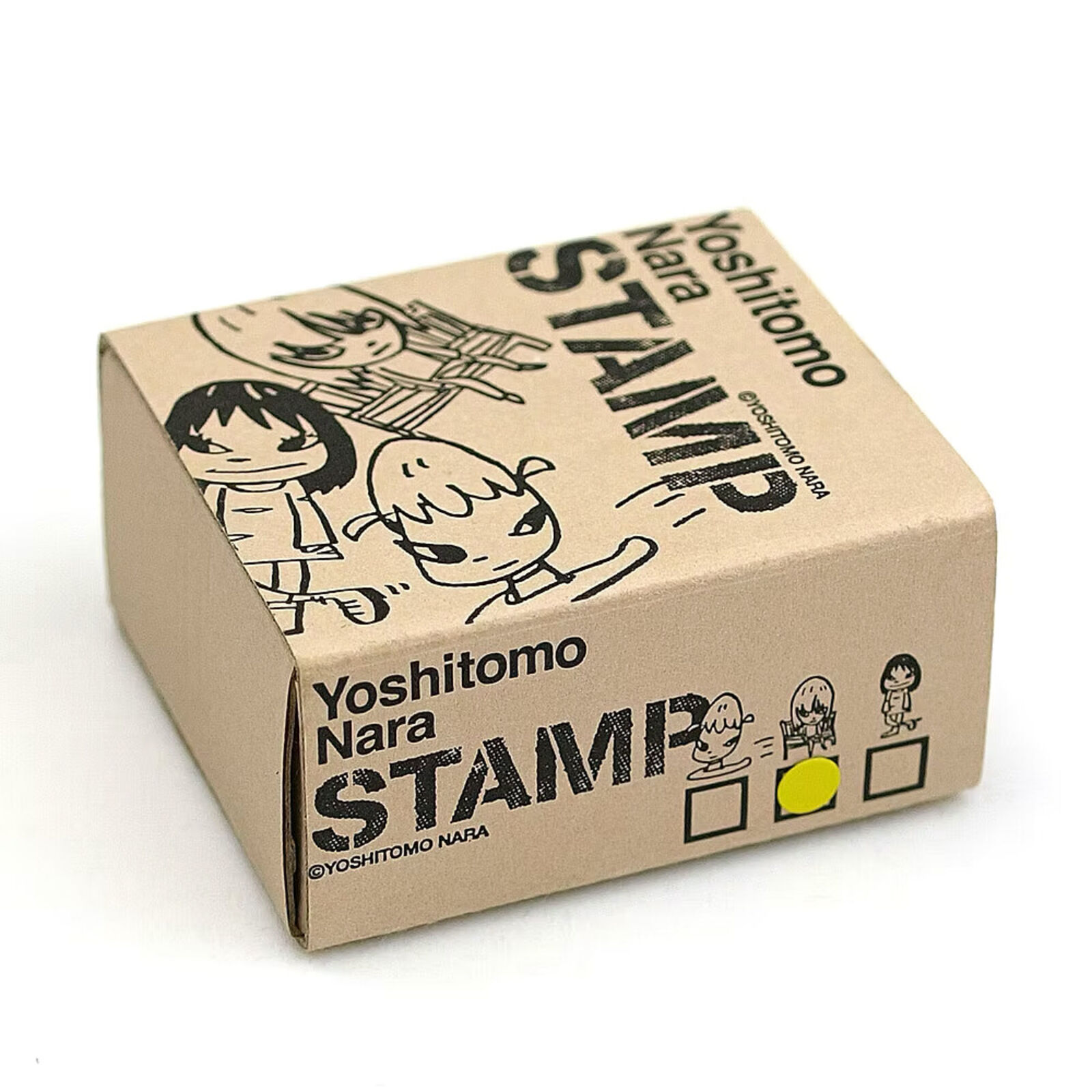 A rubber stamp with a drawing of a girl sitting on a chair.