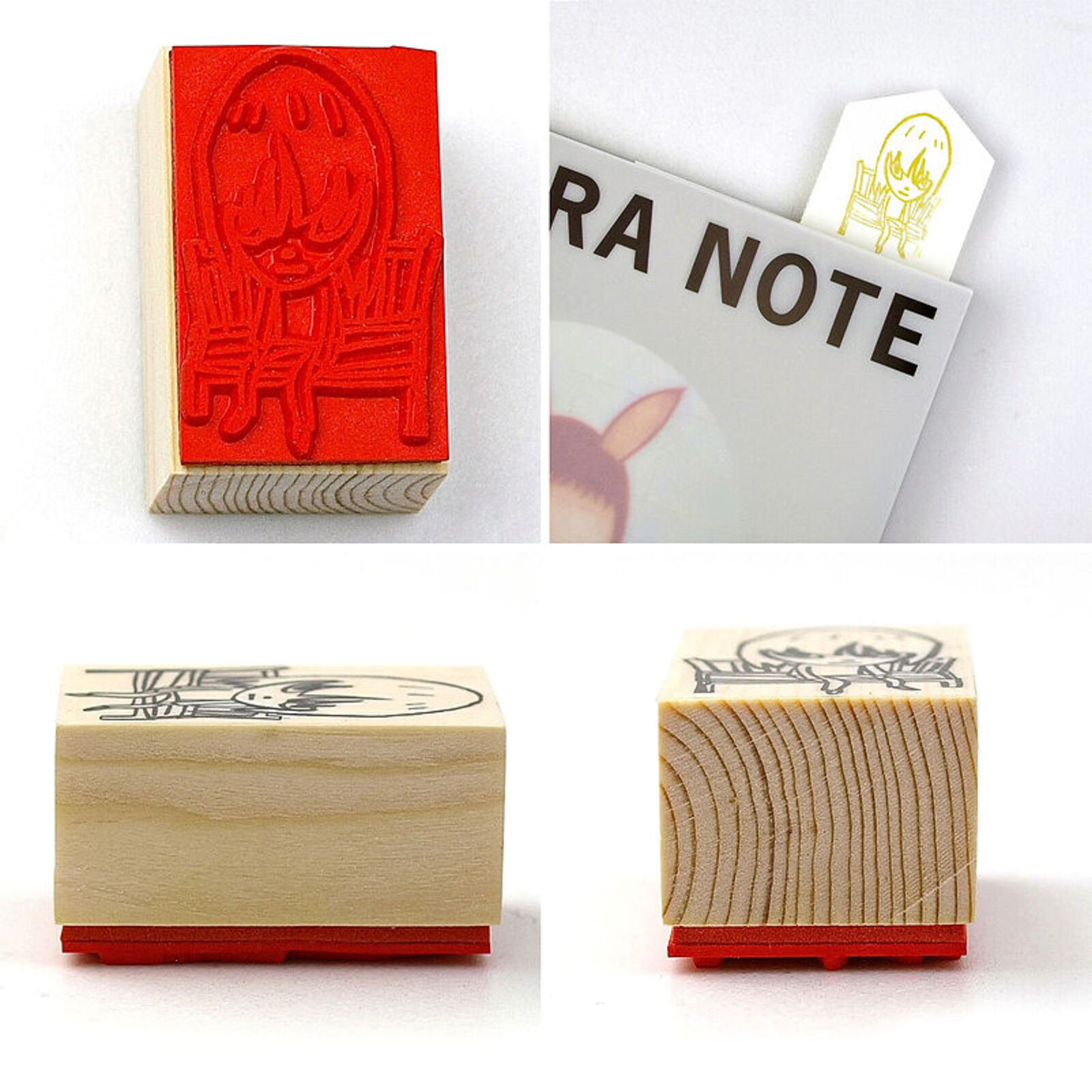 A rubber stamp with a drawing of a girl sitting on a chair.