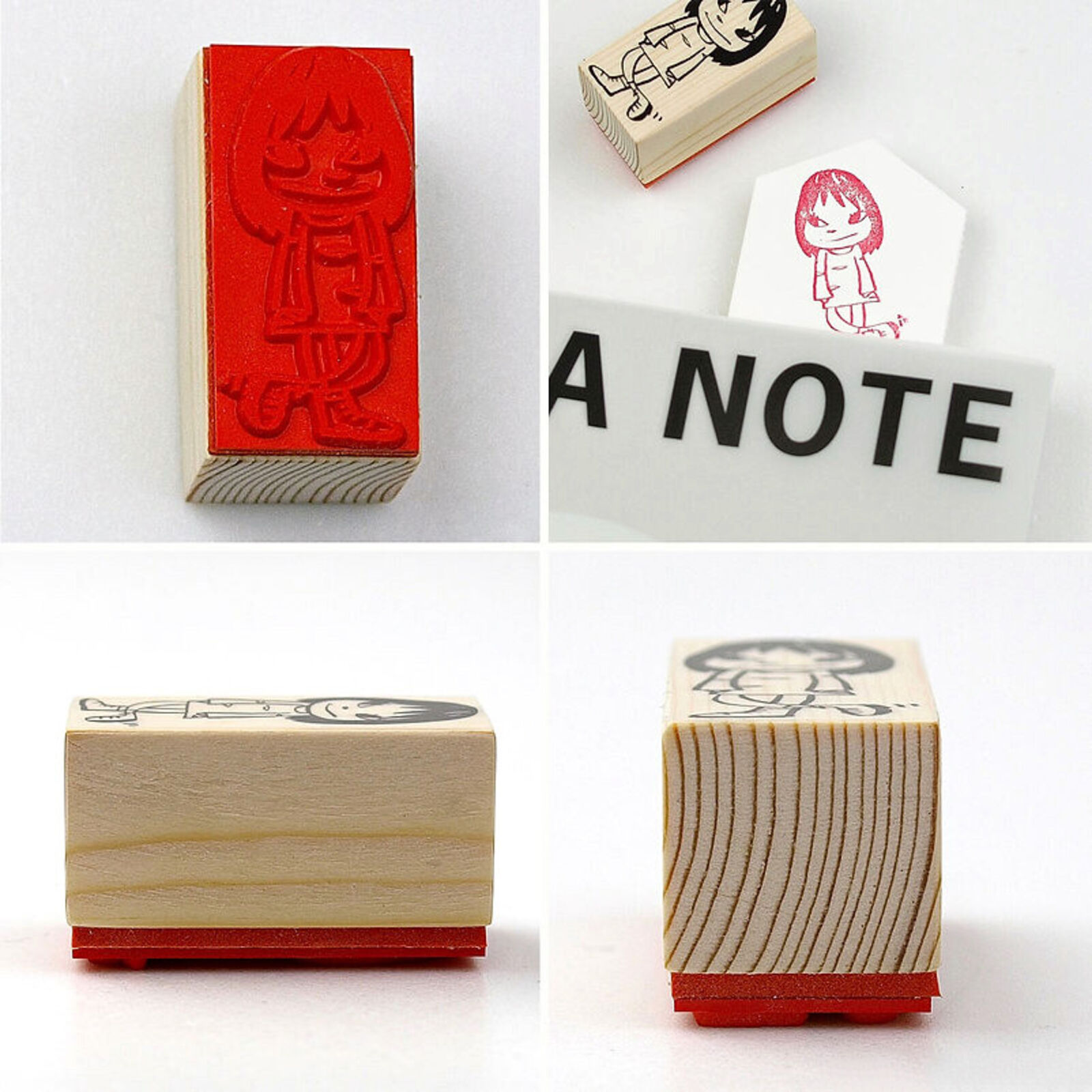 A rubber stamp with a drawing of a girl in a dress.