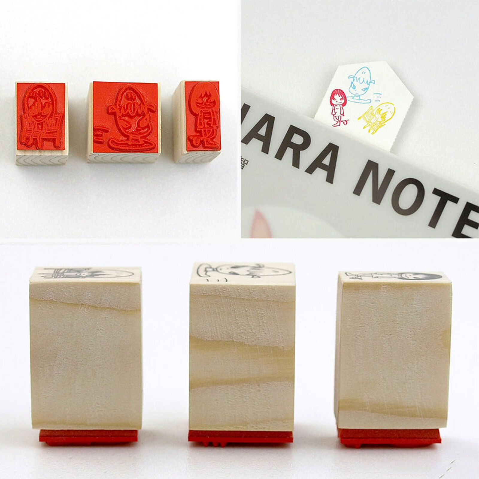 A set of three wooden blocks with a drawing of a girl sitting on a chair.