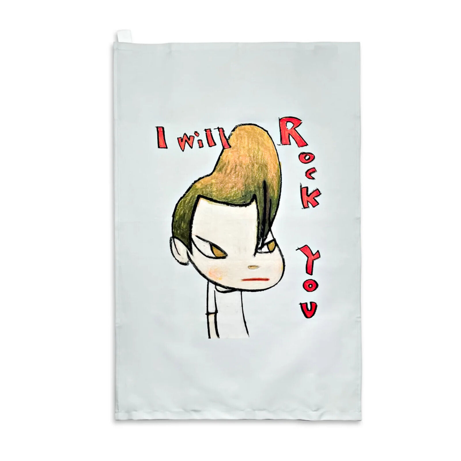 A tea towel with a drawing of a boy with a mohawk on it.