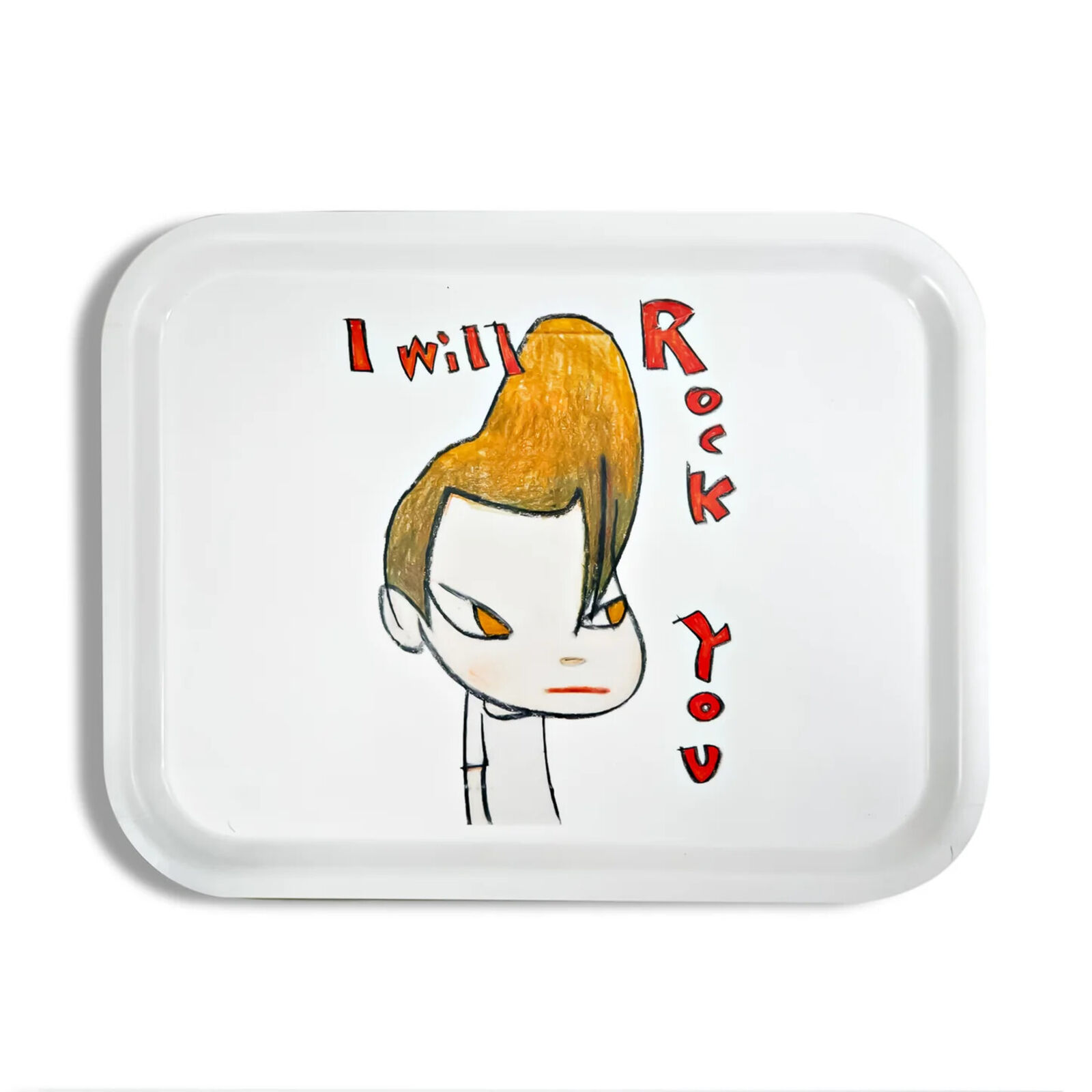 A white tray with a drawing of a boy's face on it.