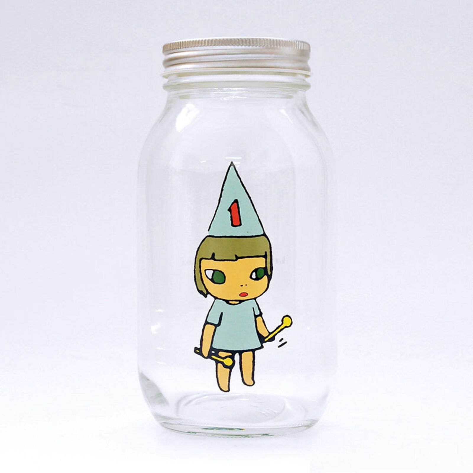 A set of three glass jars with cartoon characters on them.