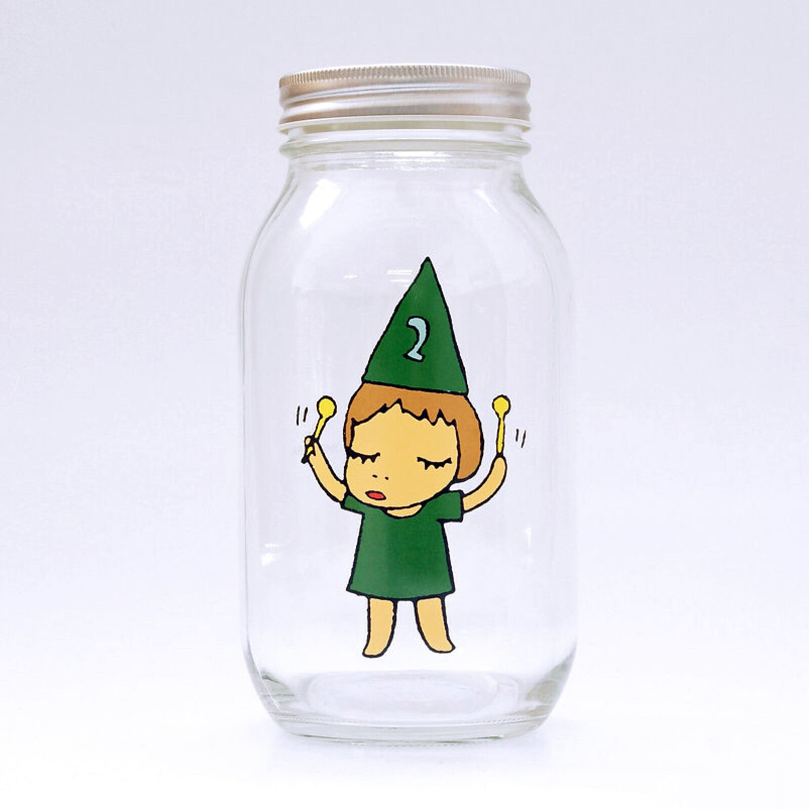 A set of three glass jars with cartoon characters on them.