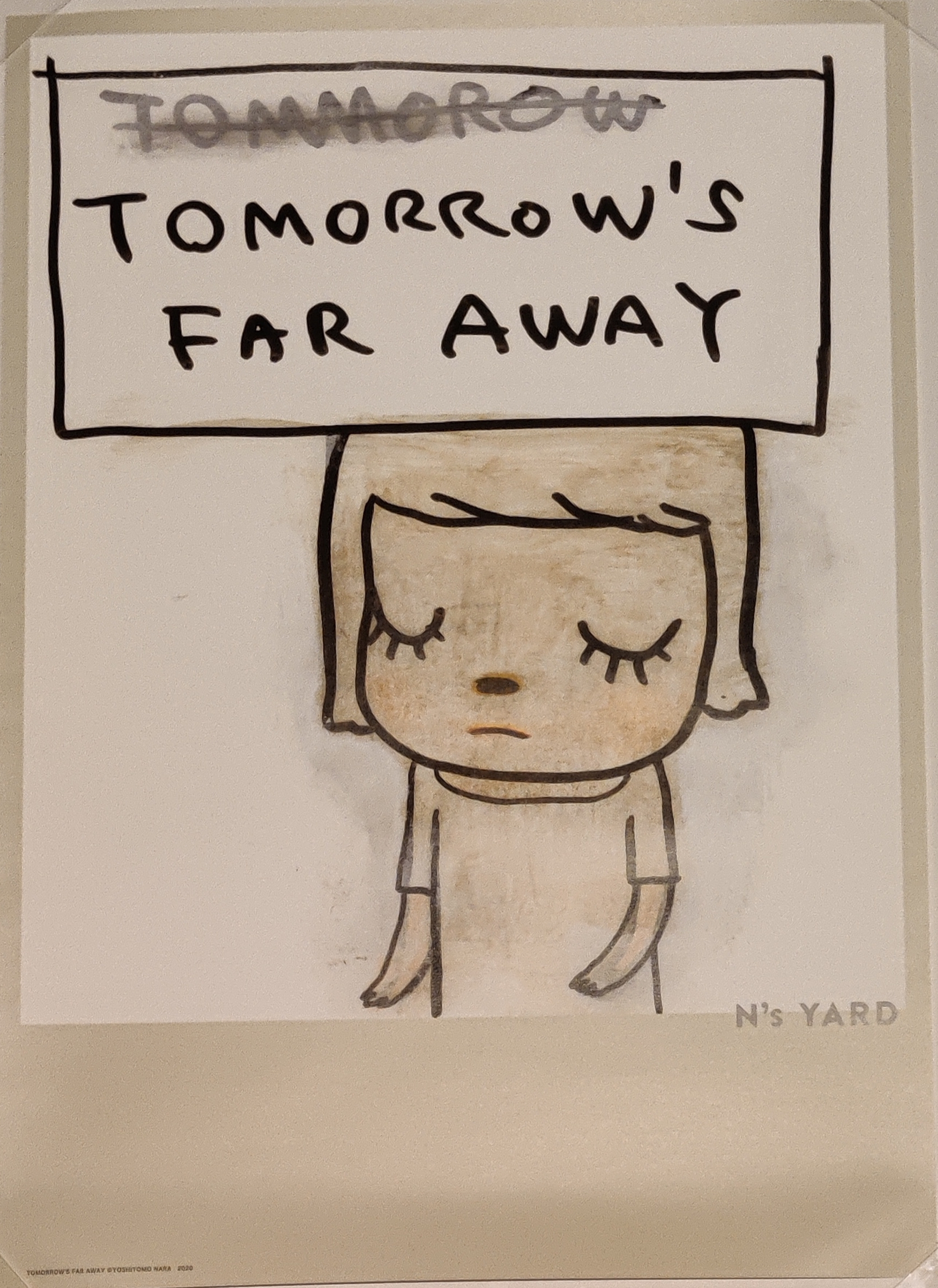 A drawing of a person holding a sign that says tomorrow's far away.