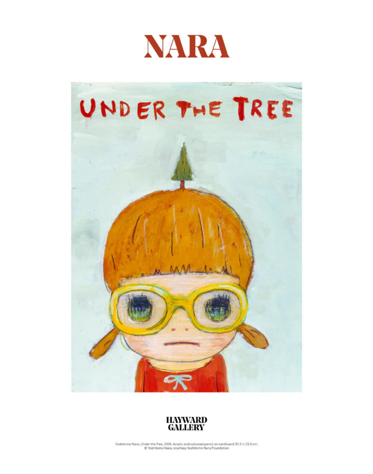 A painting of a little girl wearing glasses and a hat.