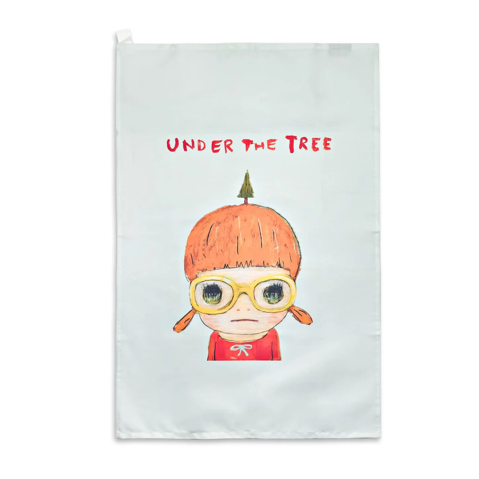 A tea towel with a drawing of a little girl wearing glasses.