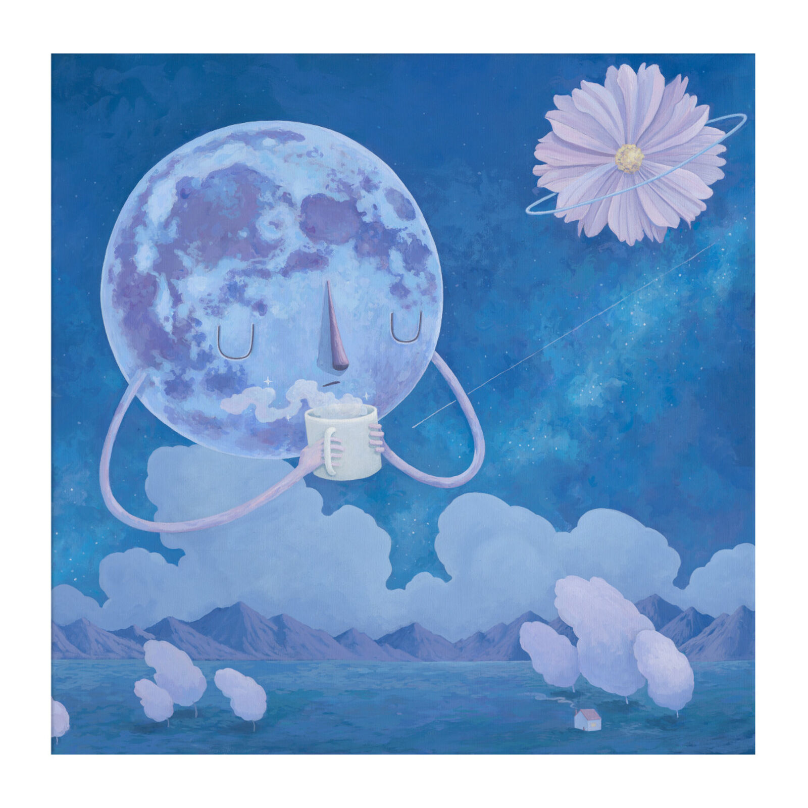 A painting of a person holding a cup of coffee in front of a full moon.