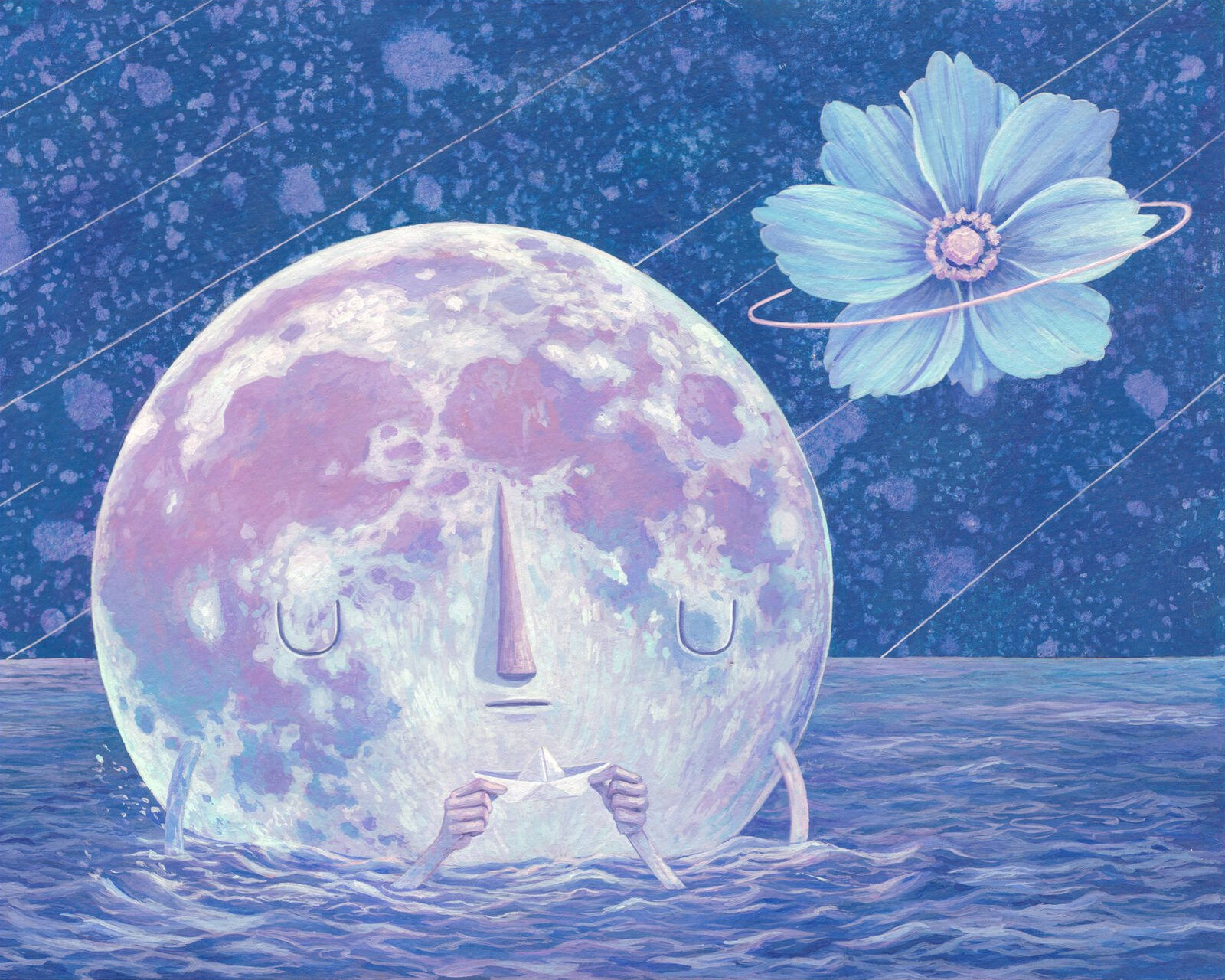 A drawing of a man holding a paper boat in front of a full moon.