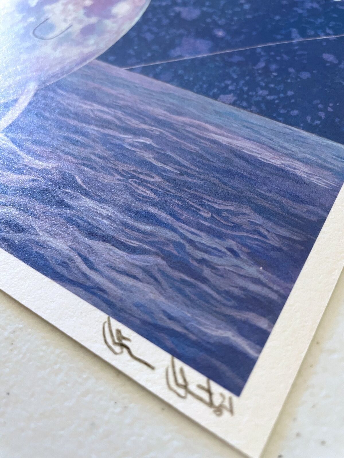 A drawing of a man holding a paper boat in front of a full moon.
