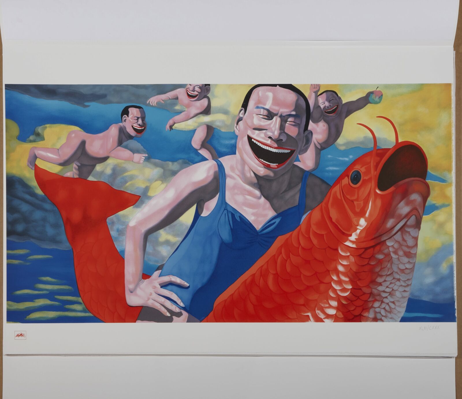 A painting of a man holding a red fish in his hand.