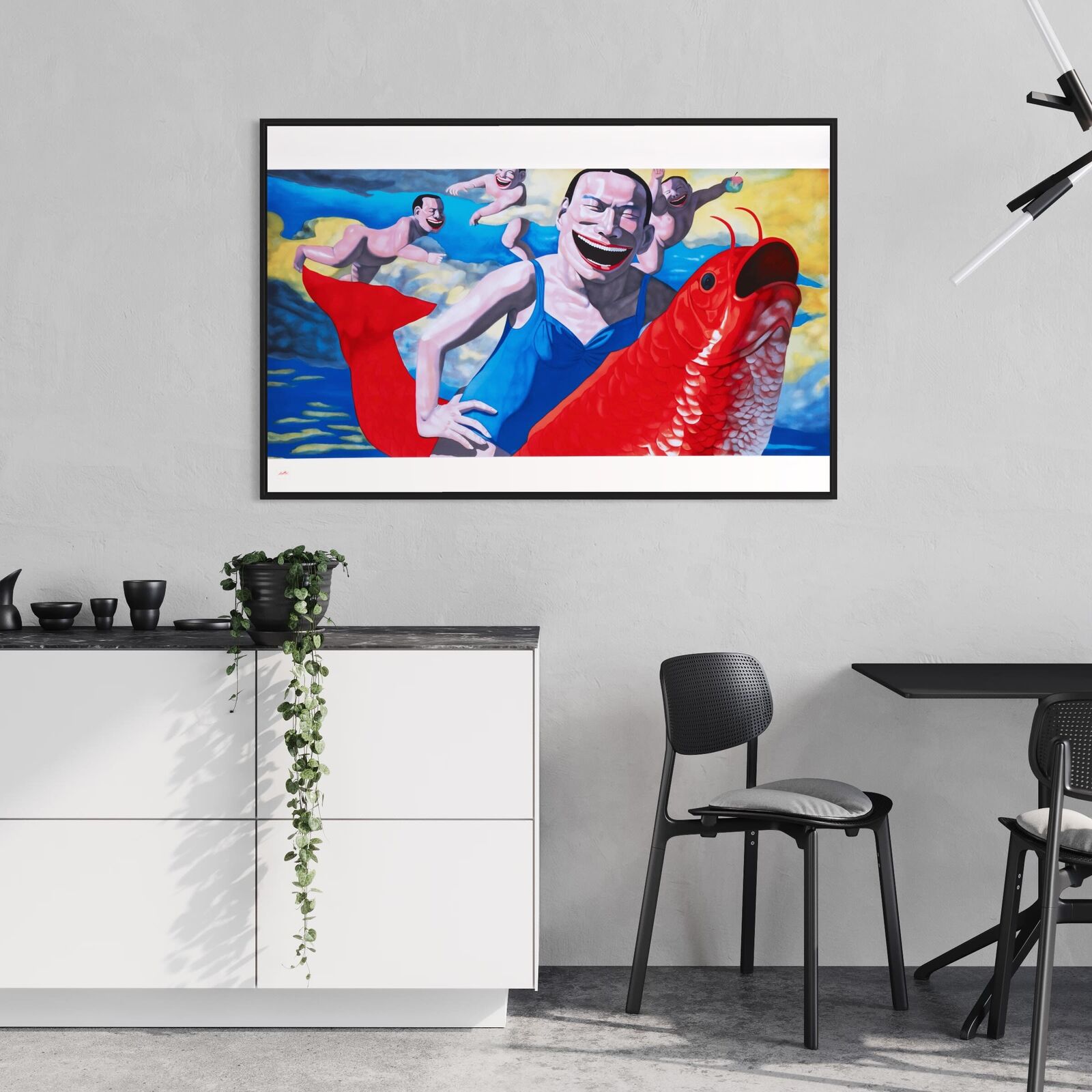 A painting of a man holding a red fish in his hand.