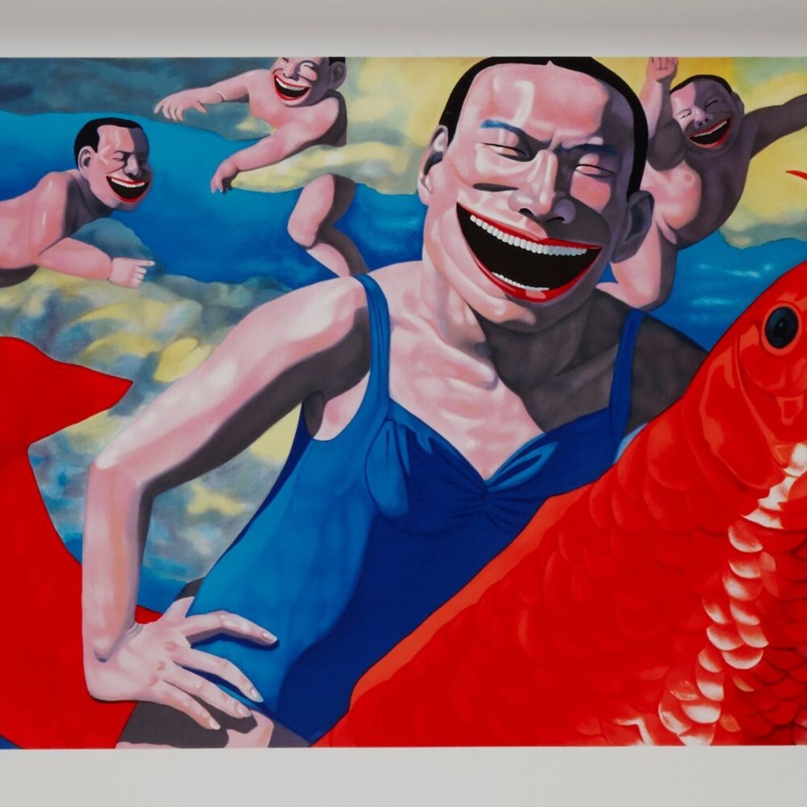 A painting of a man holding a red fish in his hand.