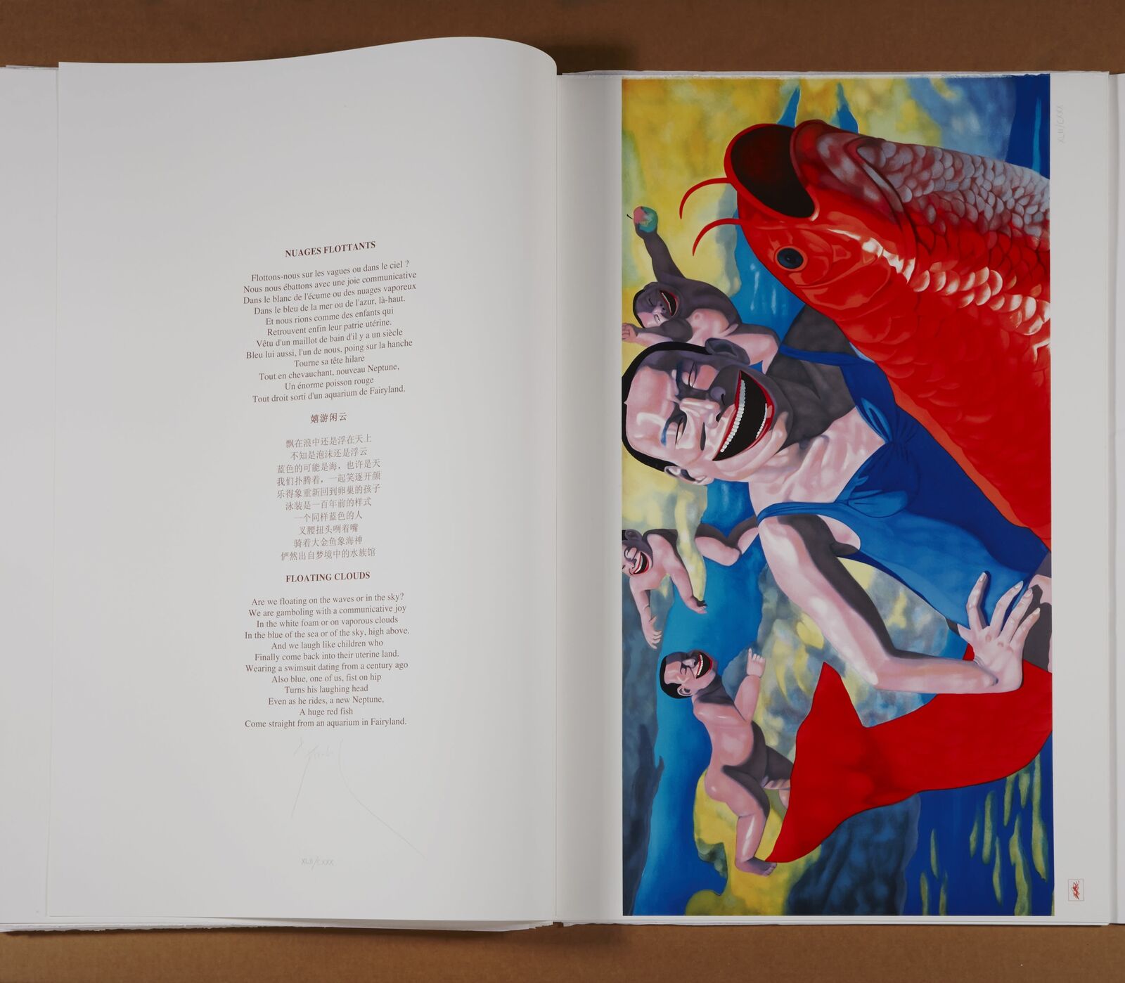 A painting of a man holding a red fish in his hand.