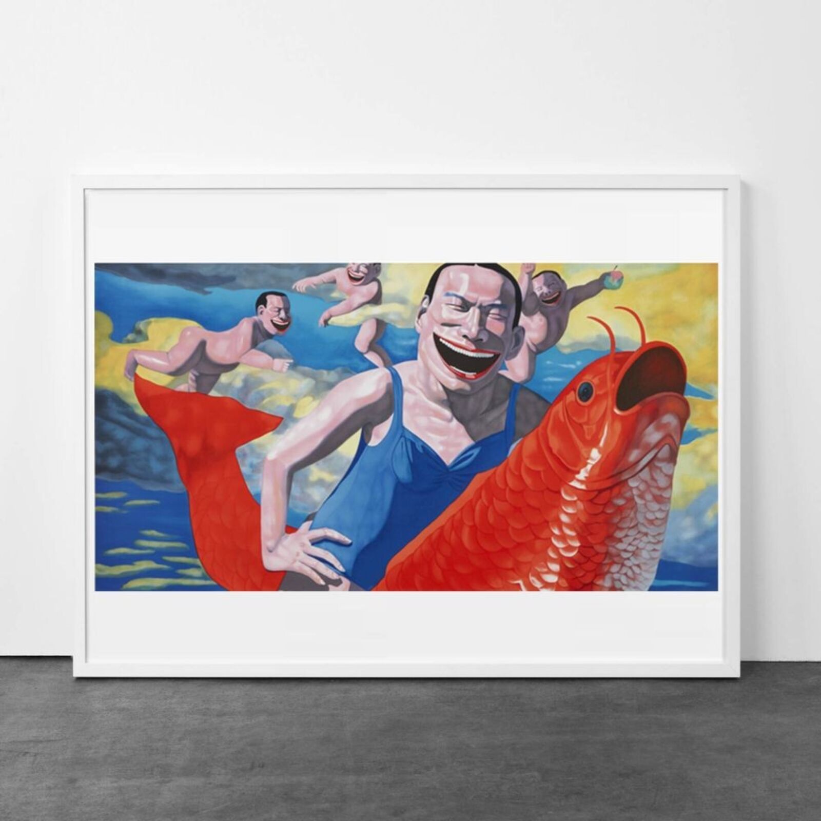 A painting of a man holding a red fish in his hand.