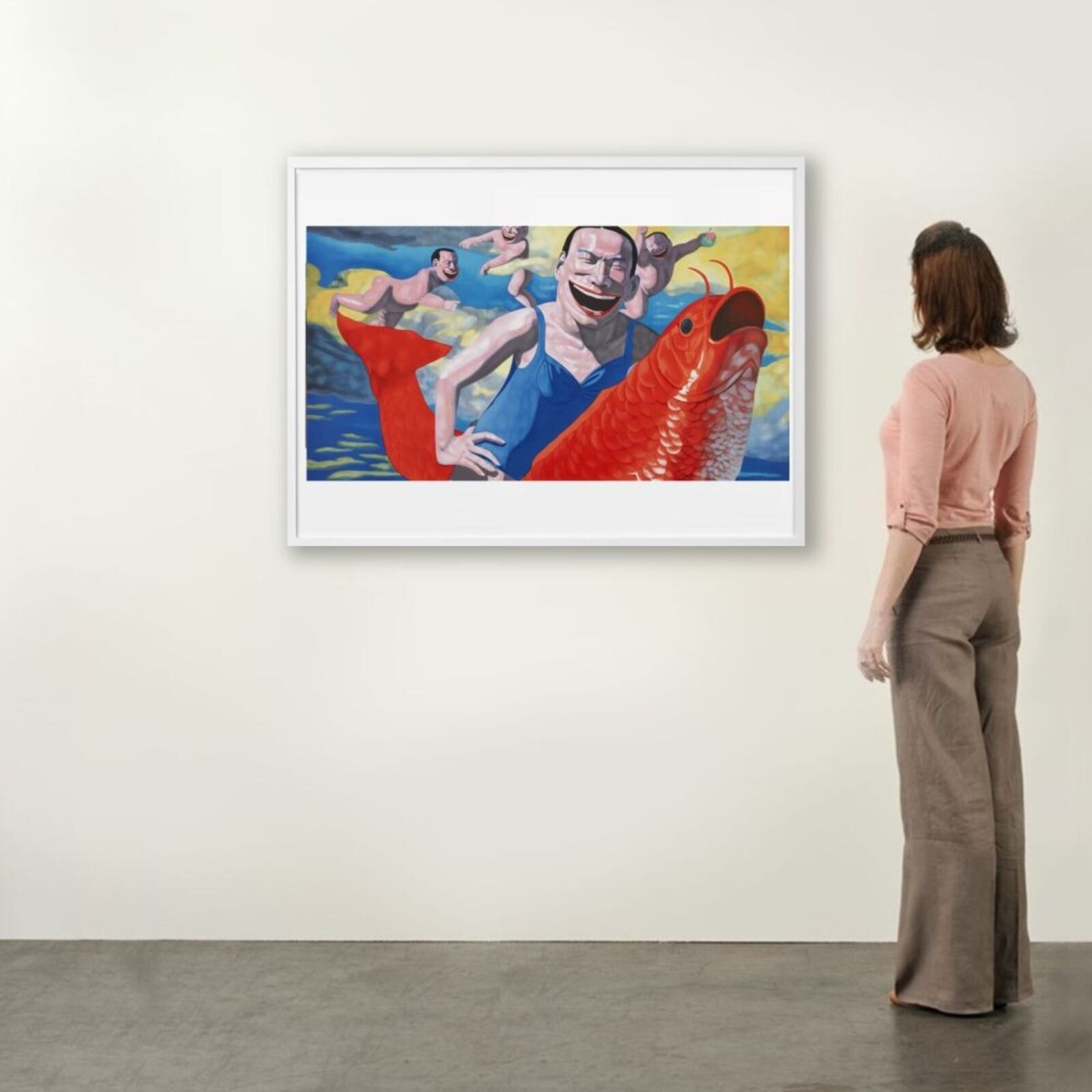 A painting of a man holding a red fish in his hand.