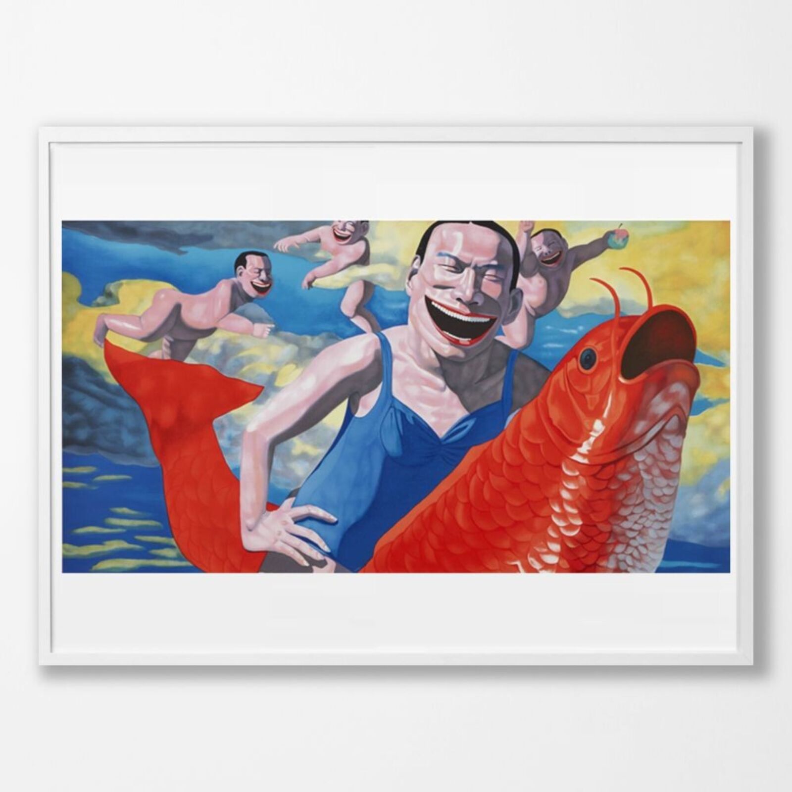 A painting of a man holding a red fish in his hand.