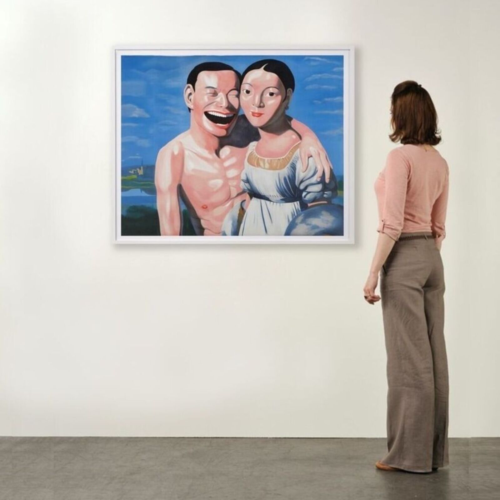 A painting of a man and a woman laughing together.