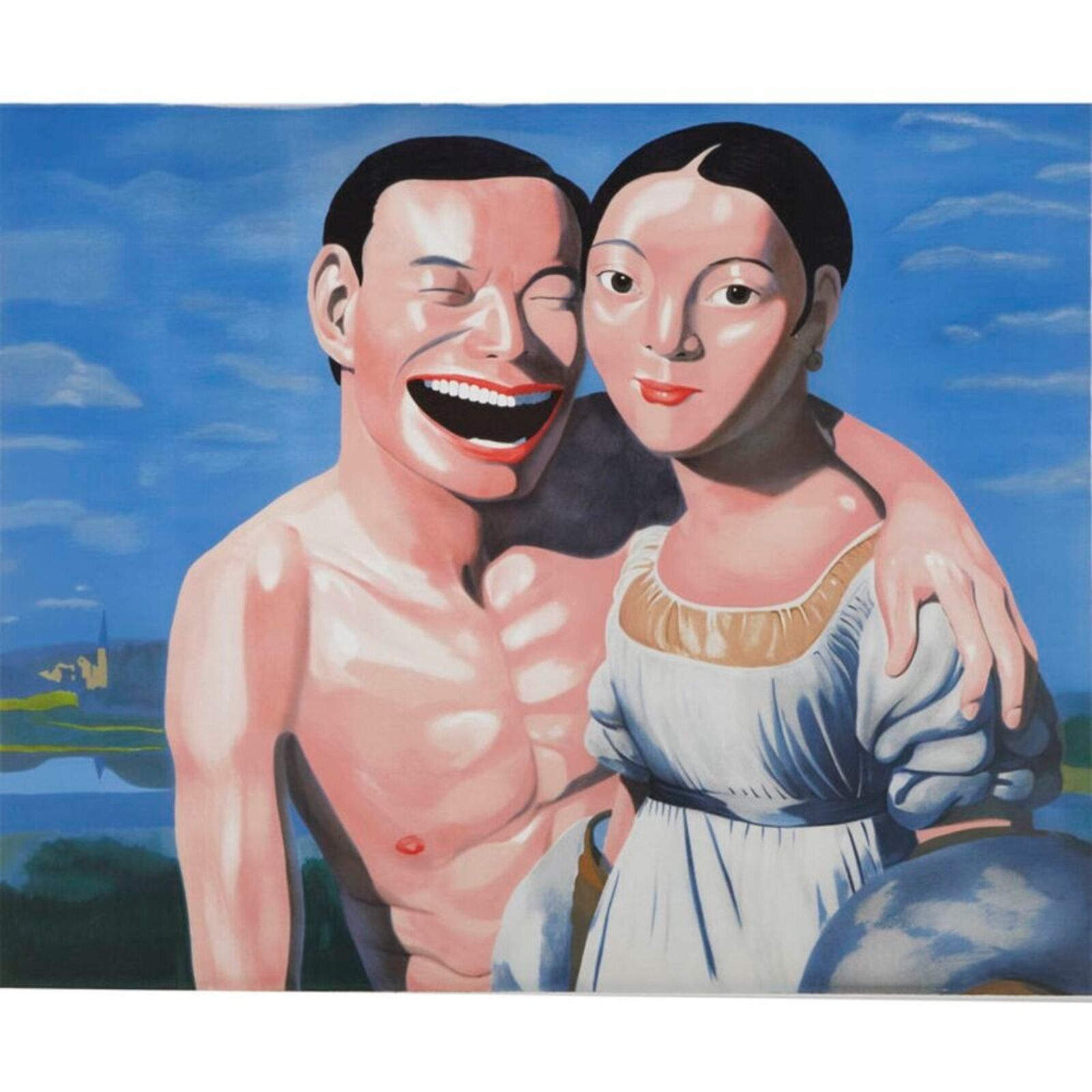 A painting of a man and a woman laughing together.