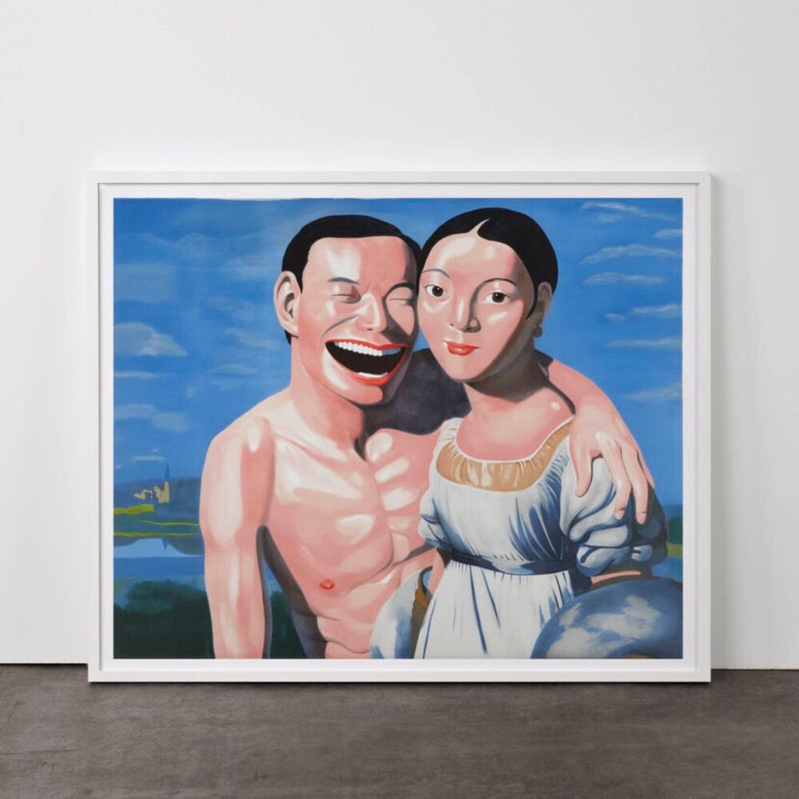A painting of a man and a woman laughing together.