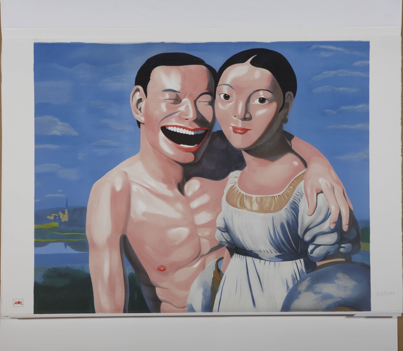 A painting of a man and a woman laughing together.