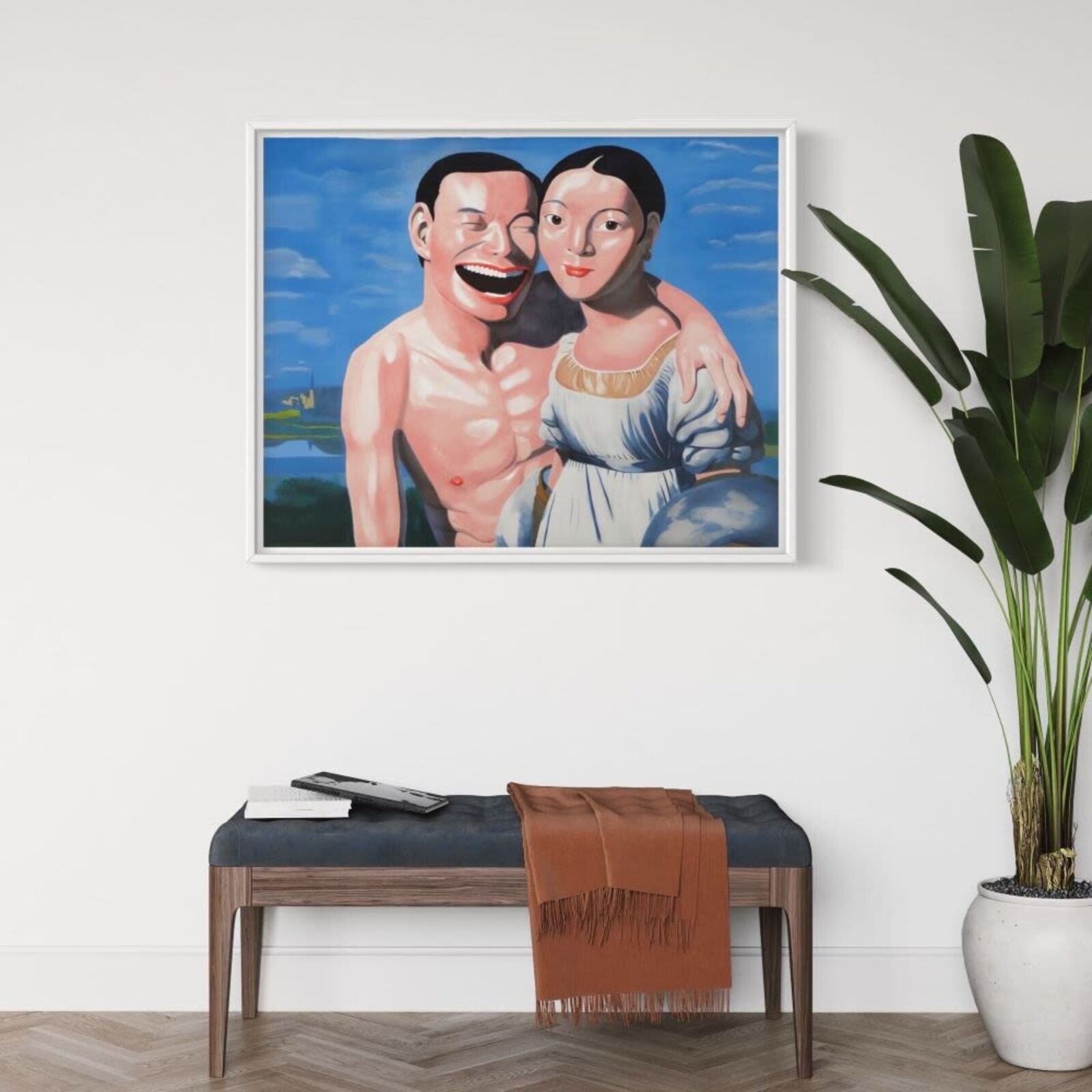 A painting of a man and a woman laughing together.