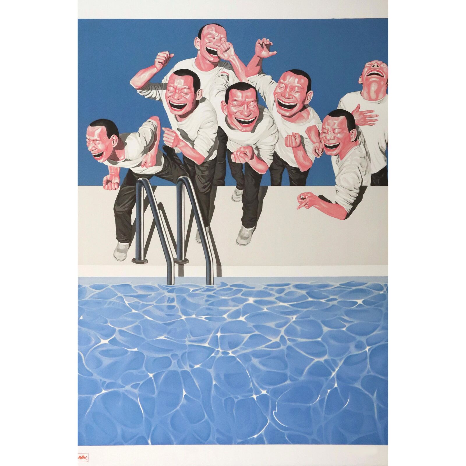 A painting of a group of men jumping into a swimming pool.