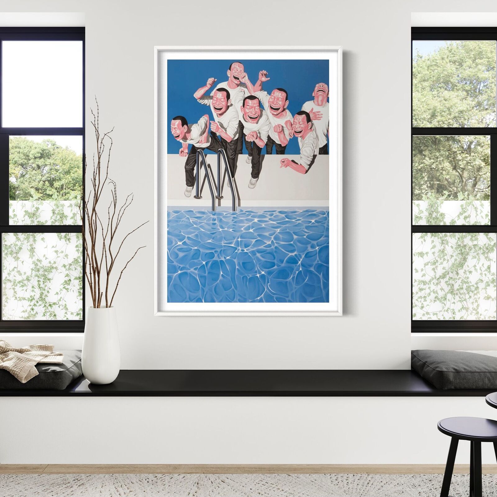 A painting of a group of men jumping into a swimming pool.