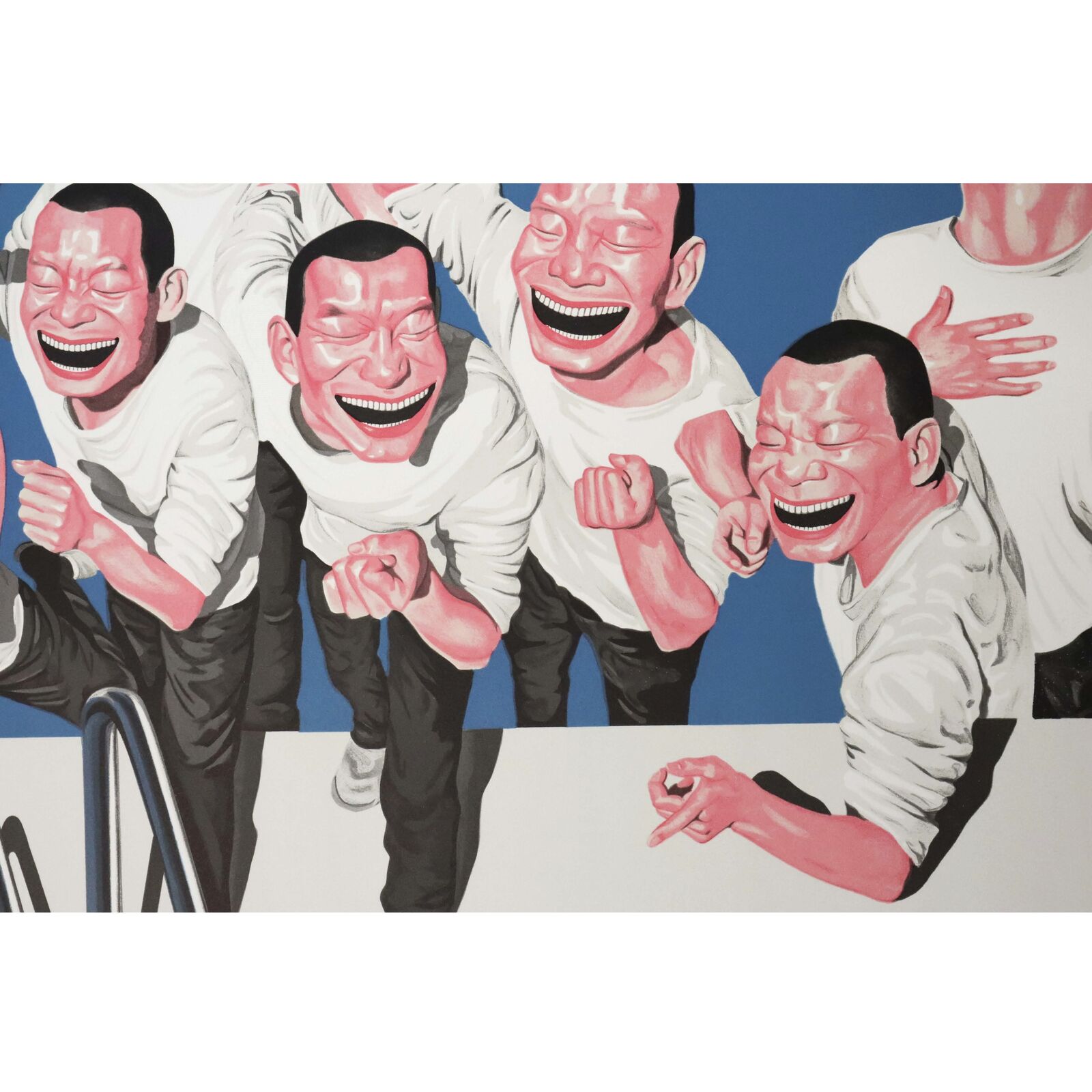 A painting of a group of men jumping into a swimming pool.