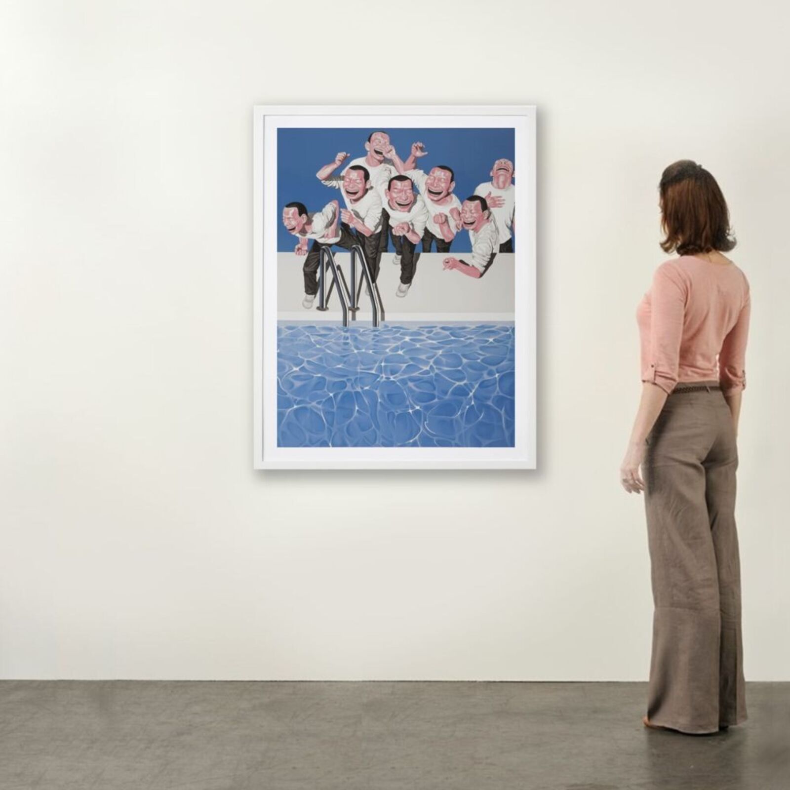 A painting of a group of men jumping into a swimming pool.