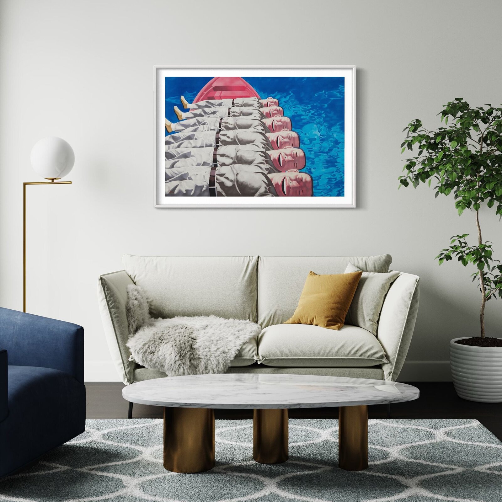 A surreal painting of identical figures in white uniforms floating in blue water beneath a red boat.
