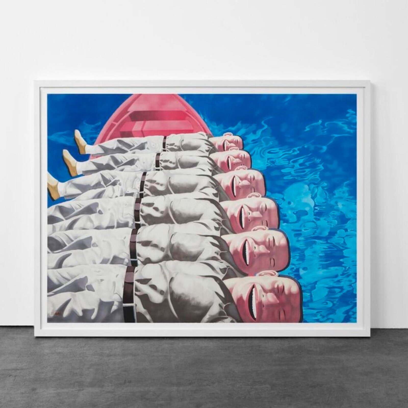 A surreal painting of identical figures in white uniforms floating in blue water beneath a red boat.