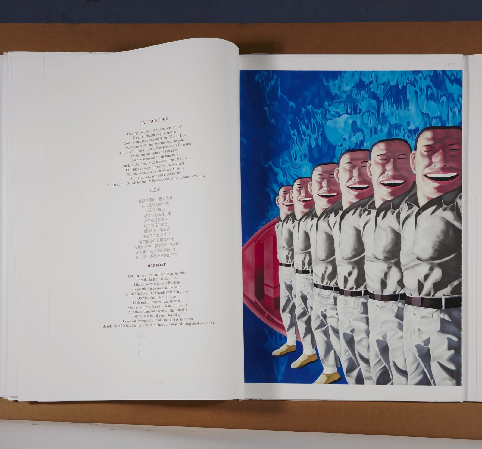 A surreal painting of identical figures in white uniforms floating in blue water beneath a red boat.