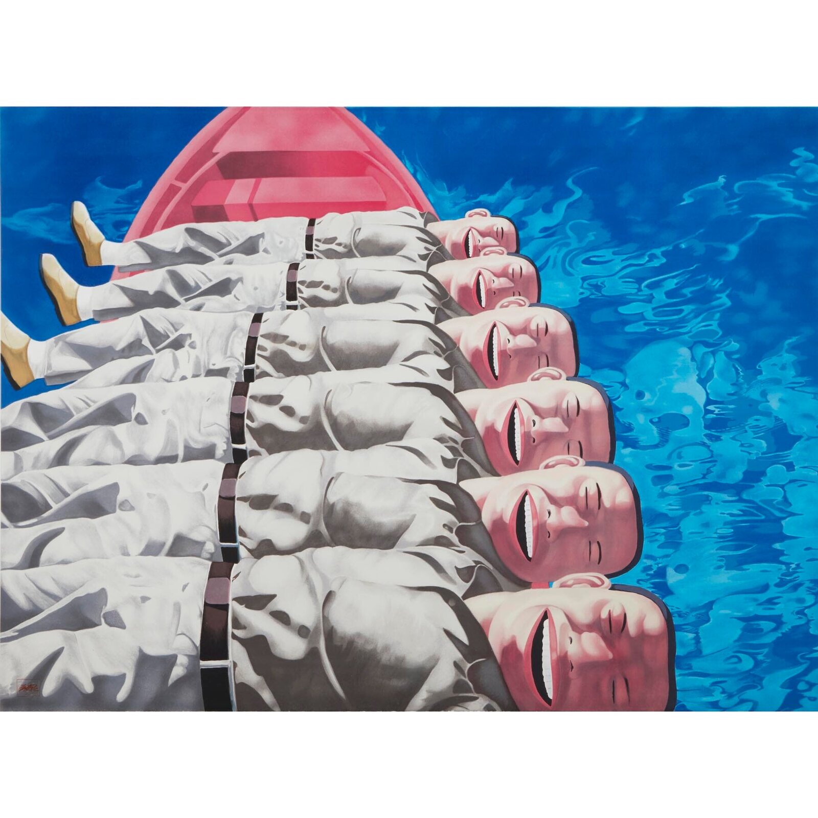 A surreal painting of identical figures in white uniforms floating in blue water beneath a red boat.