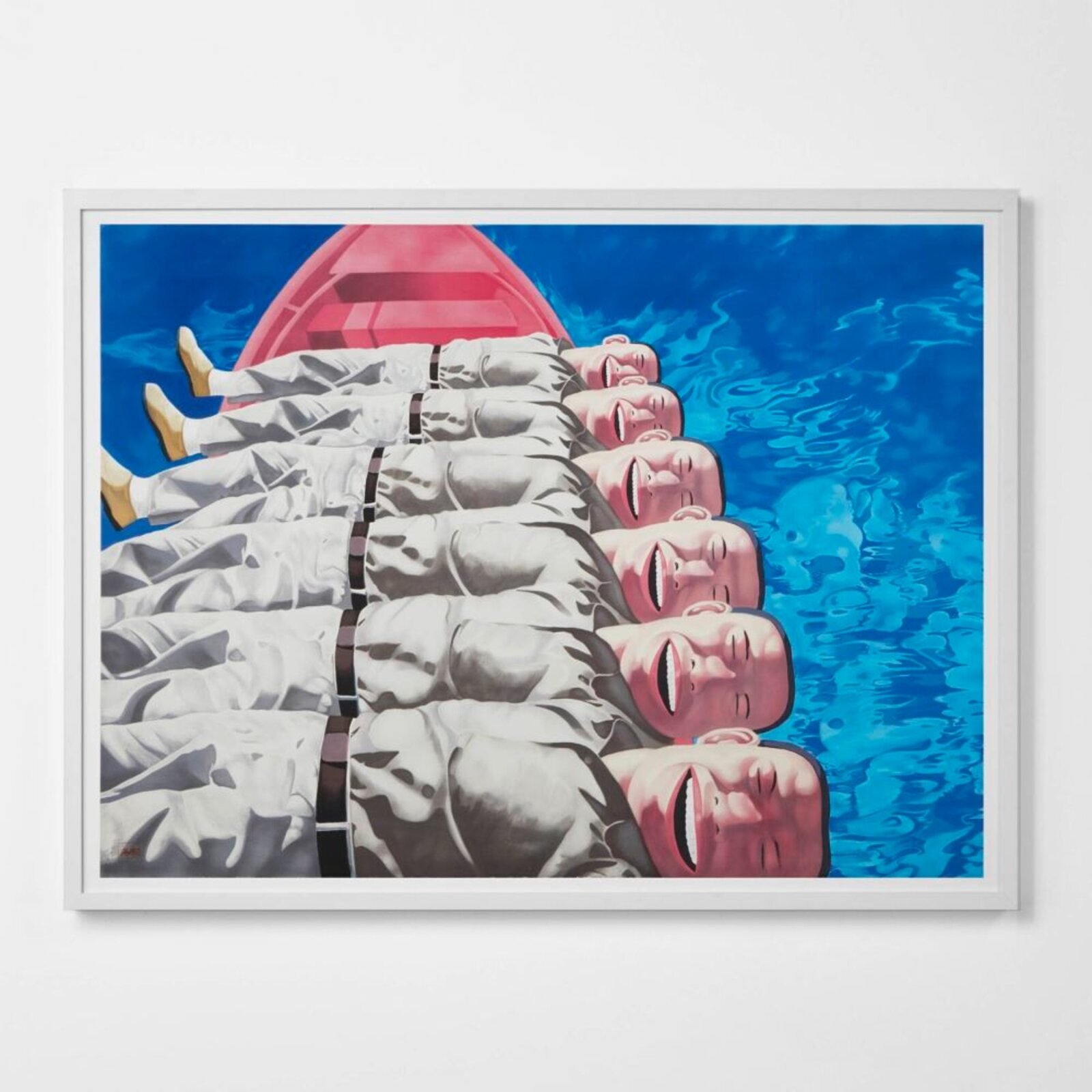 A surreal painting of identical figures in white uniforms floating in blue water beneath a red boat.