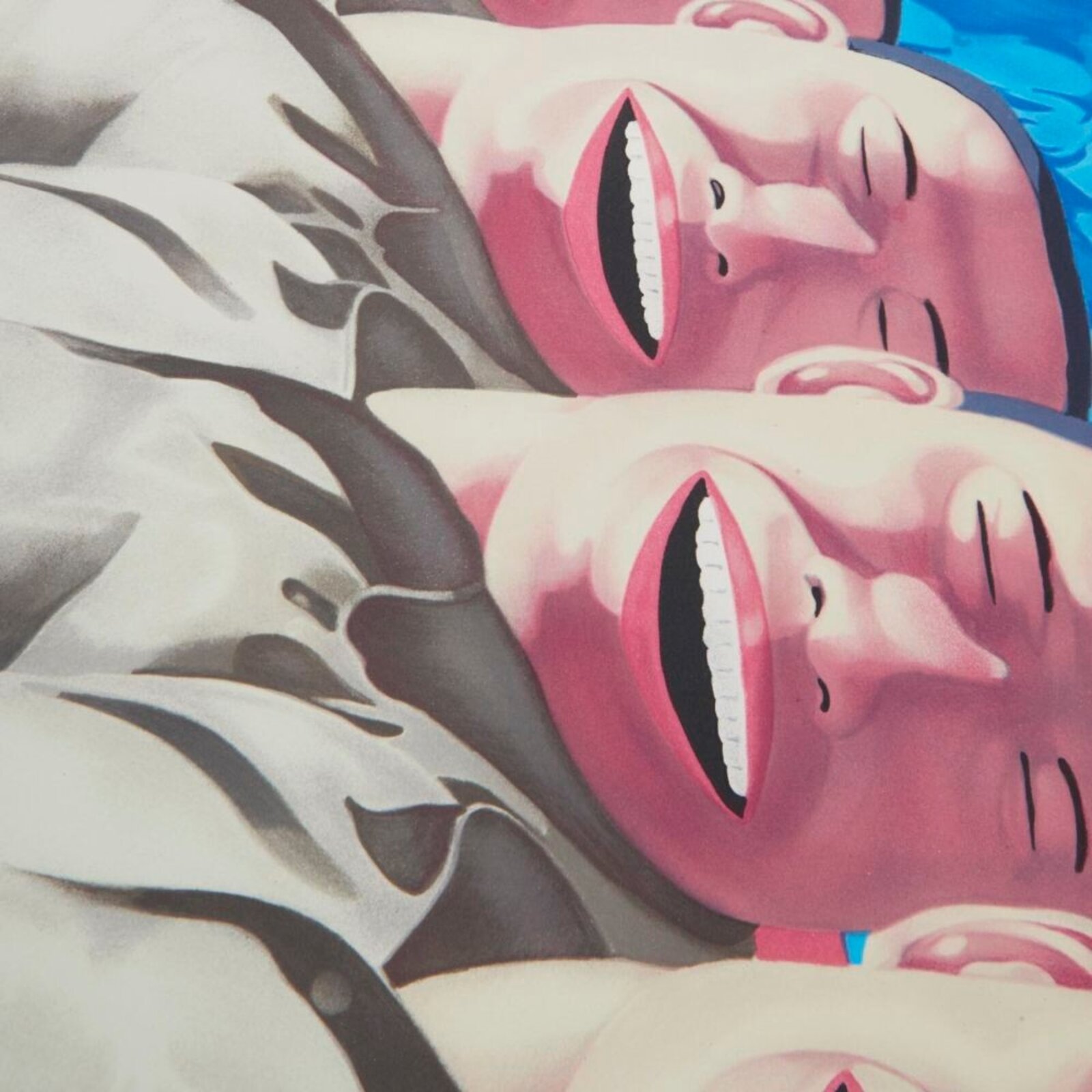A surreal painting of identical figures in white uniforms floating in blue water beneath a red boat.
