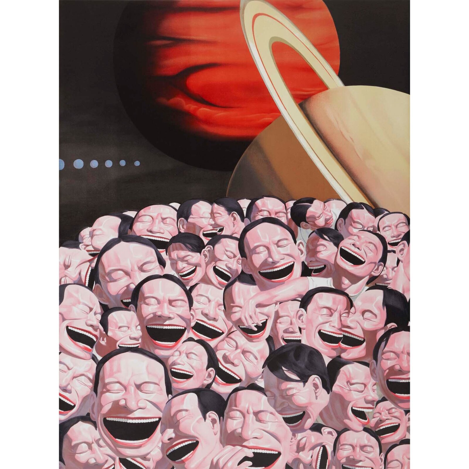 A surreal composition of a massive, laughing crowd set against a cosmic backdrop.