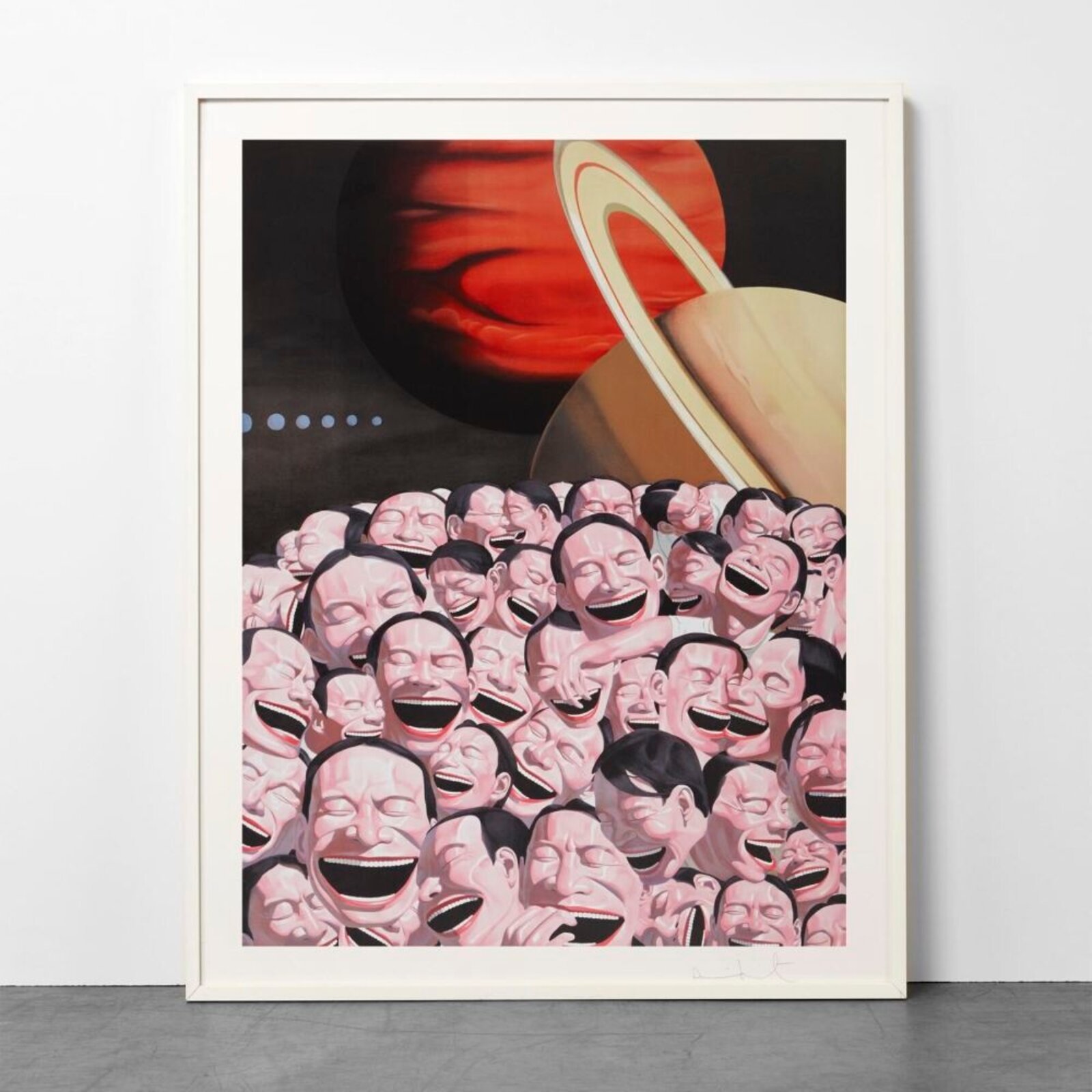 A surreal composition of a massive, laughing crowd set against a cosmic backdrop.