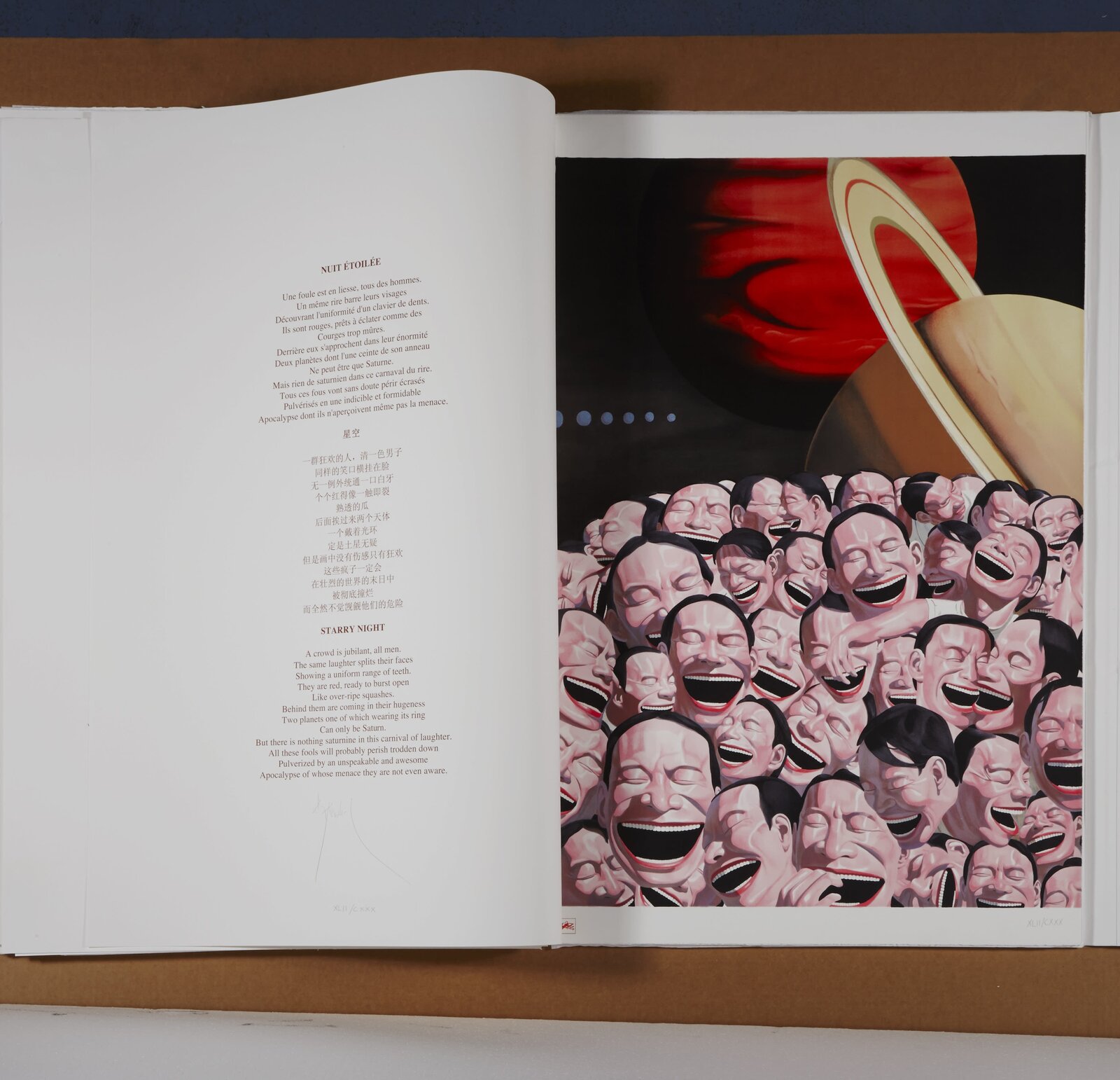 A surreal composition of a massive, laughing crowd set against a cosmic backdrop.