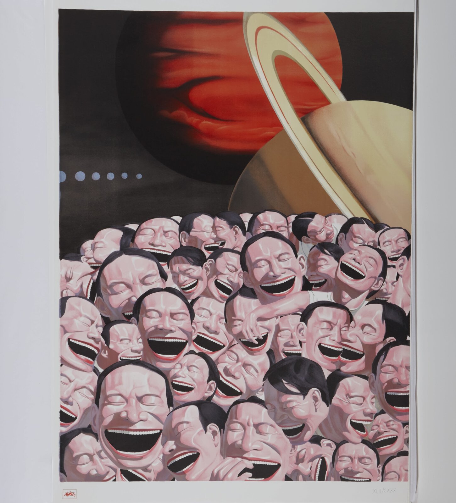 A surreal composition of a massive, laughing crowd set against a cosmic backdrop.