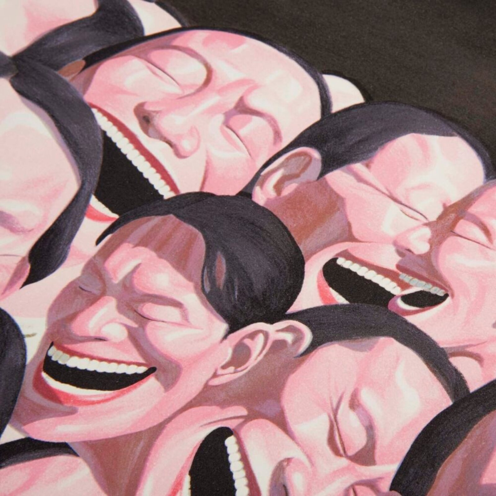 A surreal composition of a massive, laughing crowd set against a cosmic backdrop.