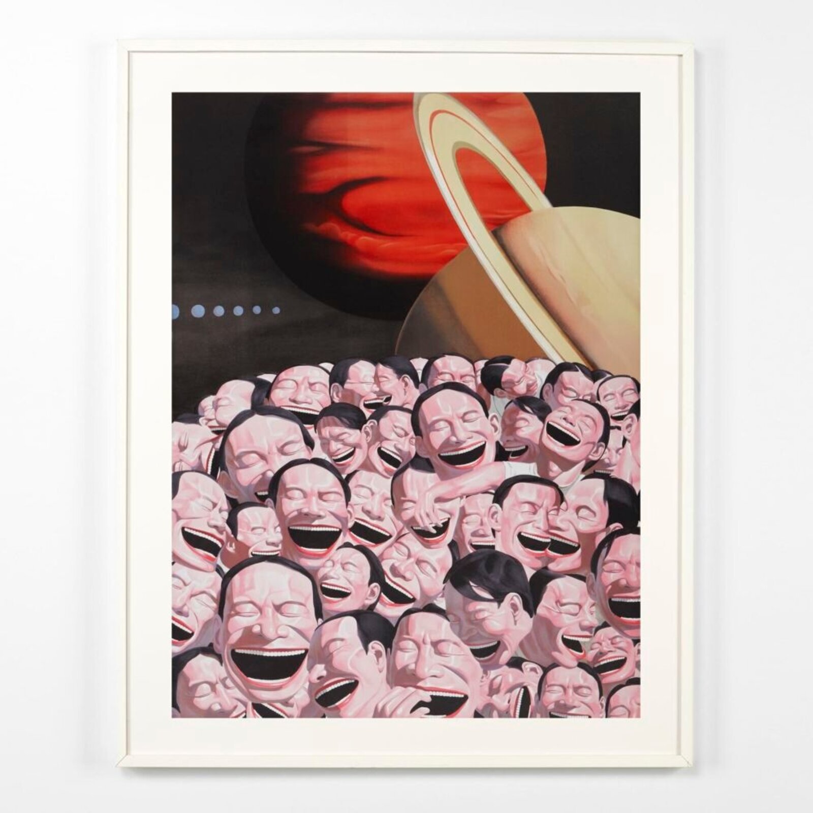 A surreal composition of a massive, laughing crowd set against a cosmic backdrop.