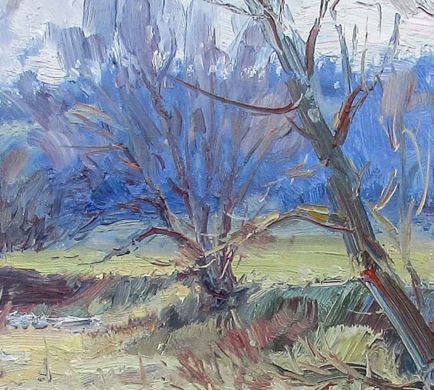 An impressionistic landscape painting of a wooded path leading to distant hills.