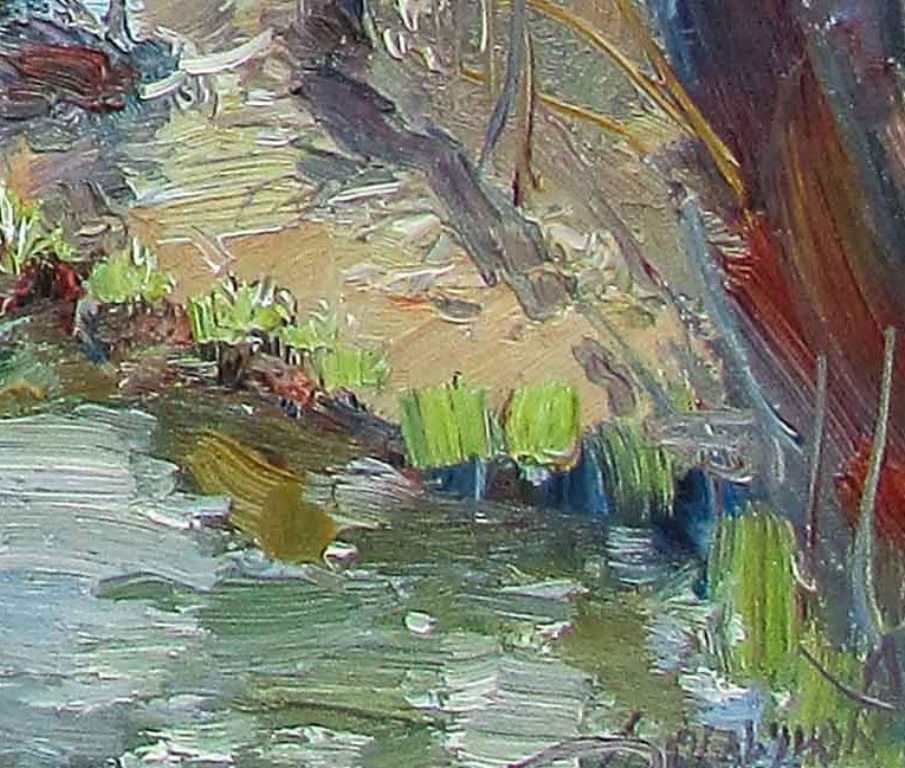 An impressionistic landscape painting of a wooded path leading to distant hills.
