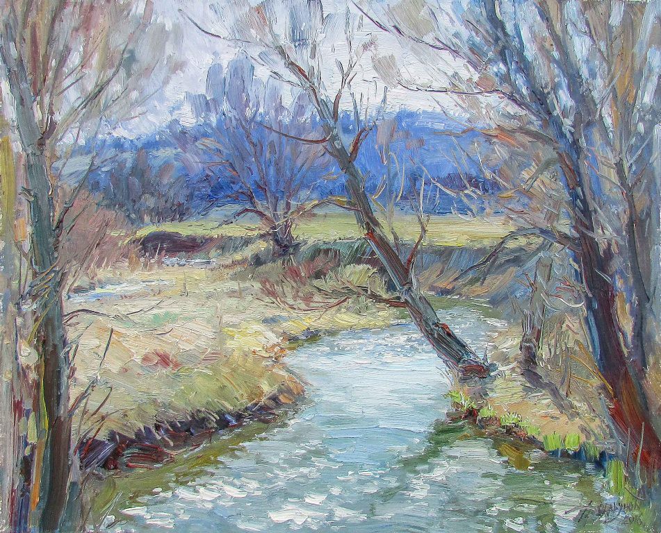 An impressionistic landscape painting of a wooded path leading to distant hills.