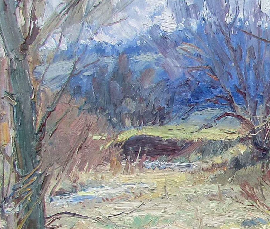 An impressionistic landscape painting of a wooded path leading to distant hills.
