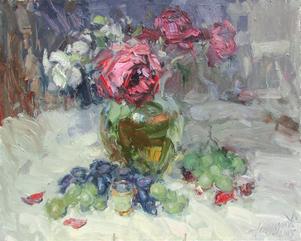 A vibrant still life painting of a vase of flowers with scattered grapes.