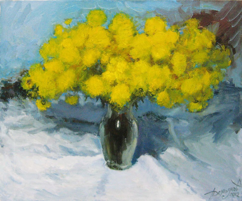 A vibrant still life featuring a vase of bright yellow flowers against a cool blue background.