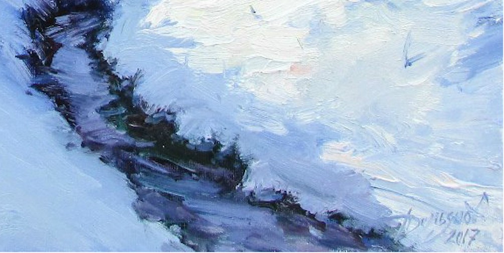 A winter landscape featuring a snow-covered house and a solitary figure in red.