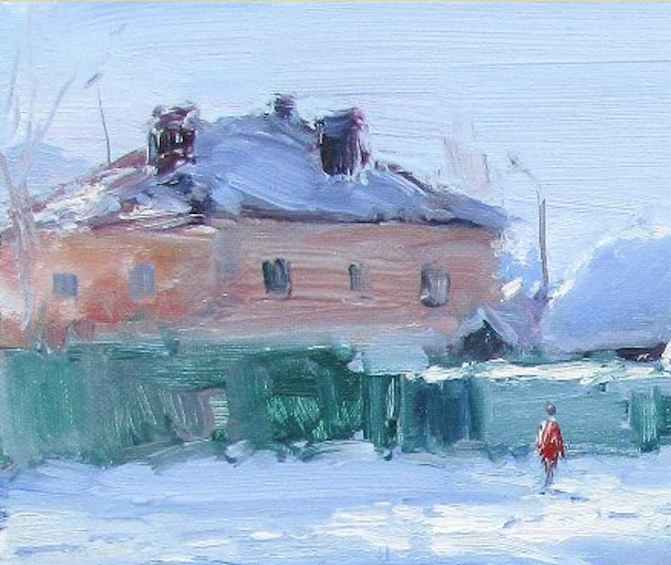 A winter landscape featuring a snow-covered house and a solitary figure in red.